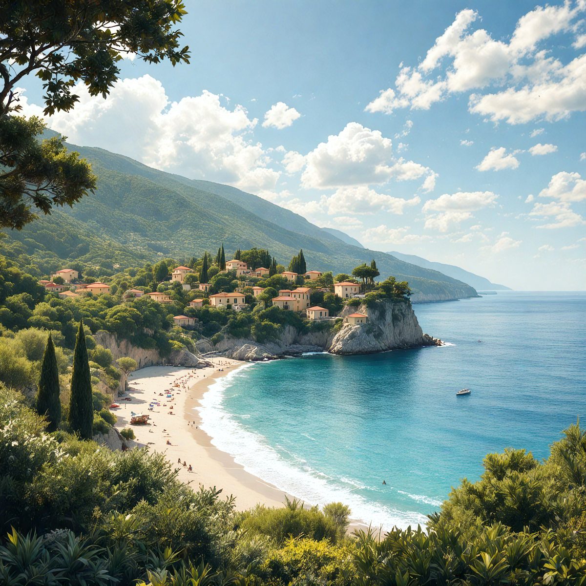 The primary subject of the image is a beautiful beach scene with a mountain in the background. The beach is filled with people enjoying the sunny day, and there are several boats in the water. The setting is a picturesque coastal area with a lush green hillside and a clear blue ocean. The visual style of the image is a realistic photo, capturing the vibrant colors and serene atmosphere of the beach.